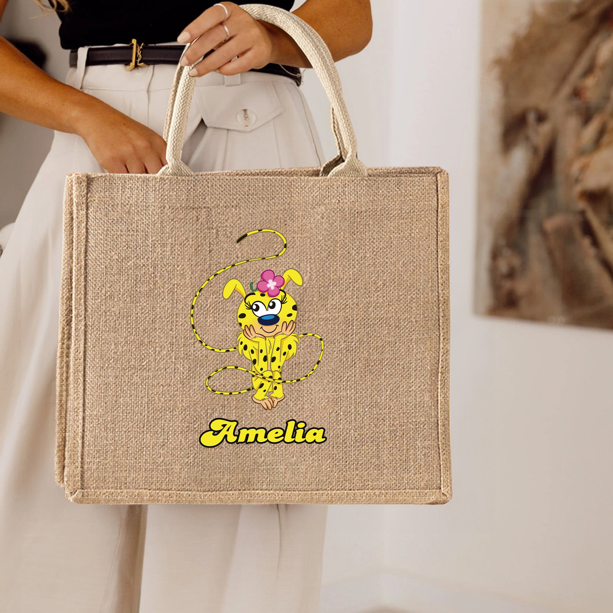 Personalizado lindo Marsupilami Bolsa de yute con nombre Aniversario Regalo de Navidad para amigos Niños | Callie × Marsupilami®.