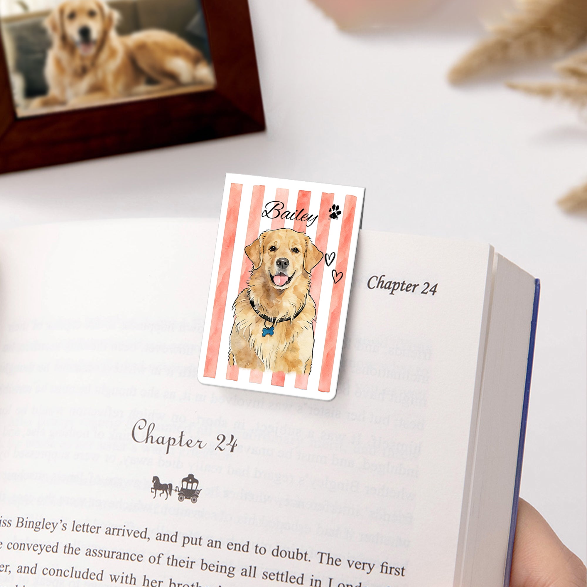 Clip magnético con nombre para marcapáginas con foto de mascota a rayas de acuarela personalizada Regalo de lectura de cumpleaños diario para dueños de mascotas amantes de los libros