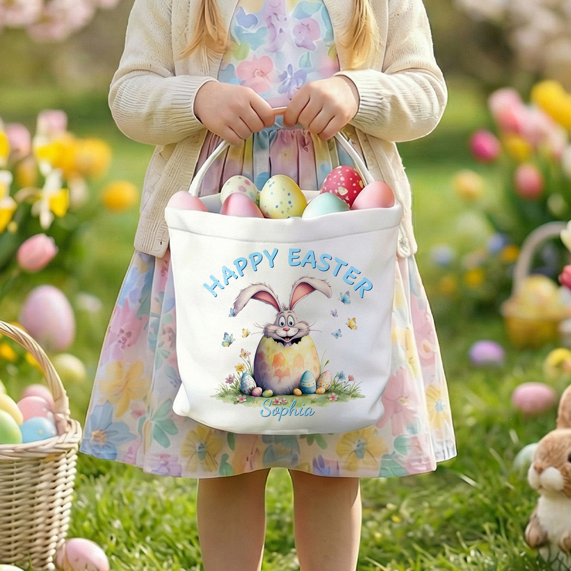 Cesta de Pascua de lona de gran capacidad personalizada con el nombre y el texto Happy Easter Bunny Design Easter Egg Hunting Party Gift for Boys Girls