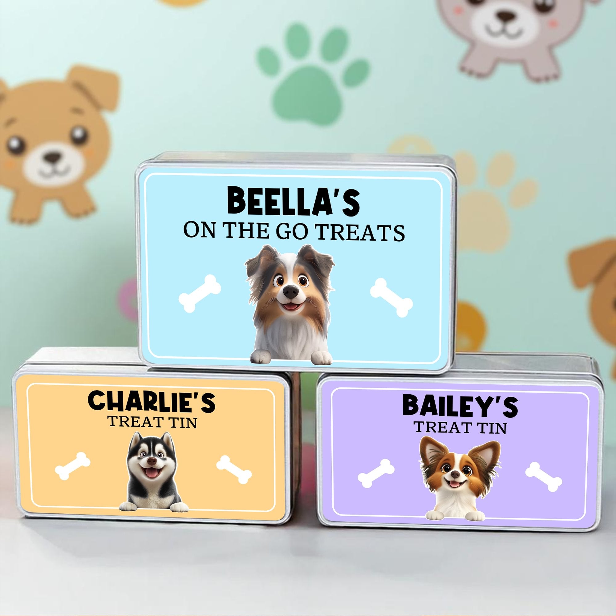 Personalizado lindo 3D de dibujos animados hueso de perro de alimentos de grado perro Treat caja de metal con el nombre de Pet's Day Birthday Gift for Pet Owner Lovers