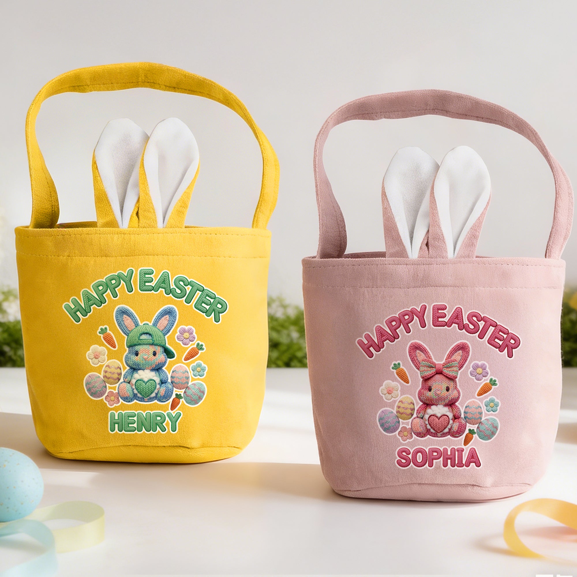 Feliz Pascua personalizada de punto estilo Peter Rabbit cesta con el nombre de almacenamiento diario de Pascua de Regalo para Niños Niñas