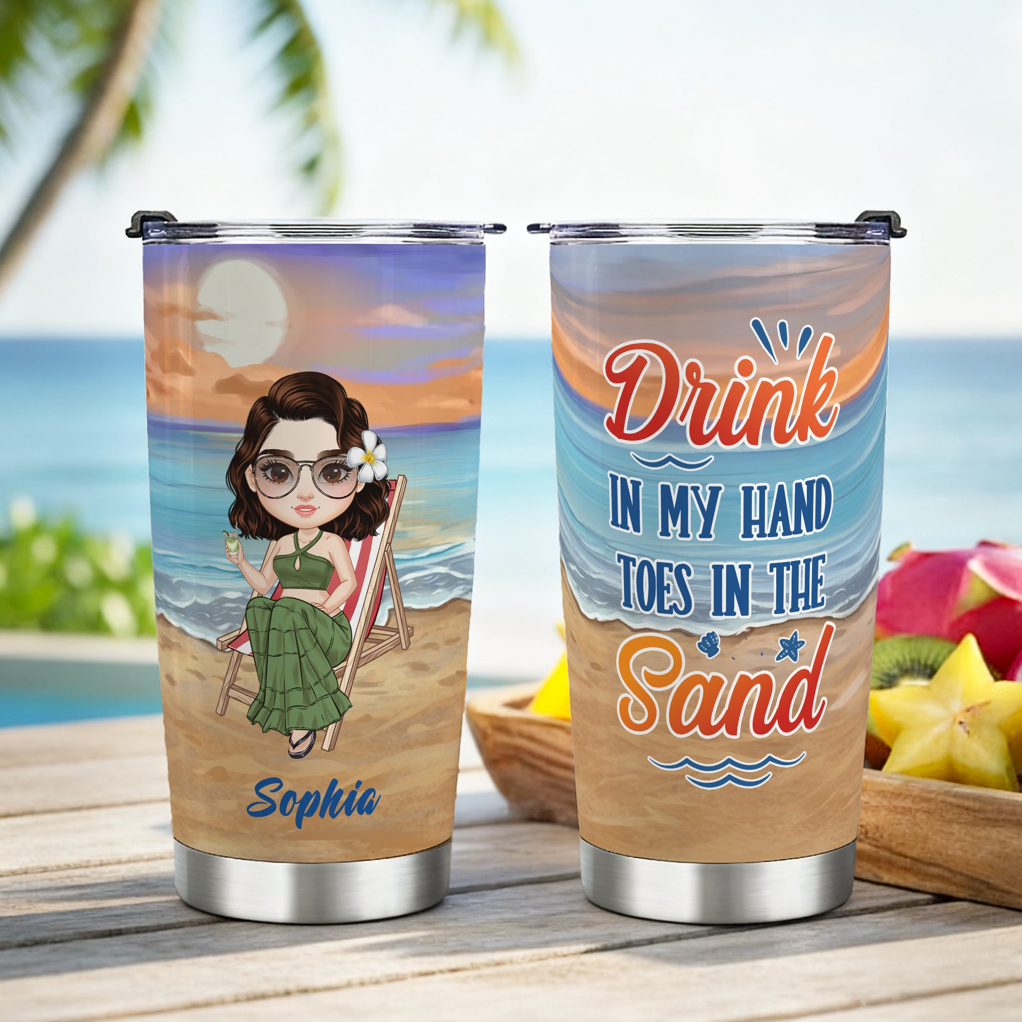 Vaso isotérmico personalizado de 20 oz con el nombre de un personaje de dibujos animados de Sandbeach Regalo de cumpleaños esencial para niños y familia