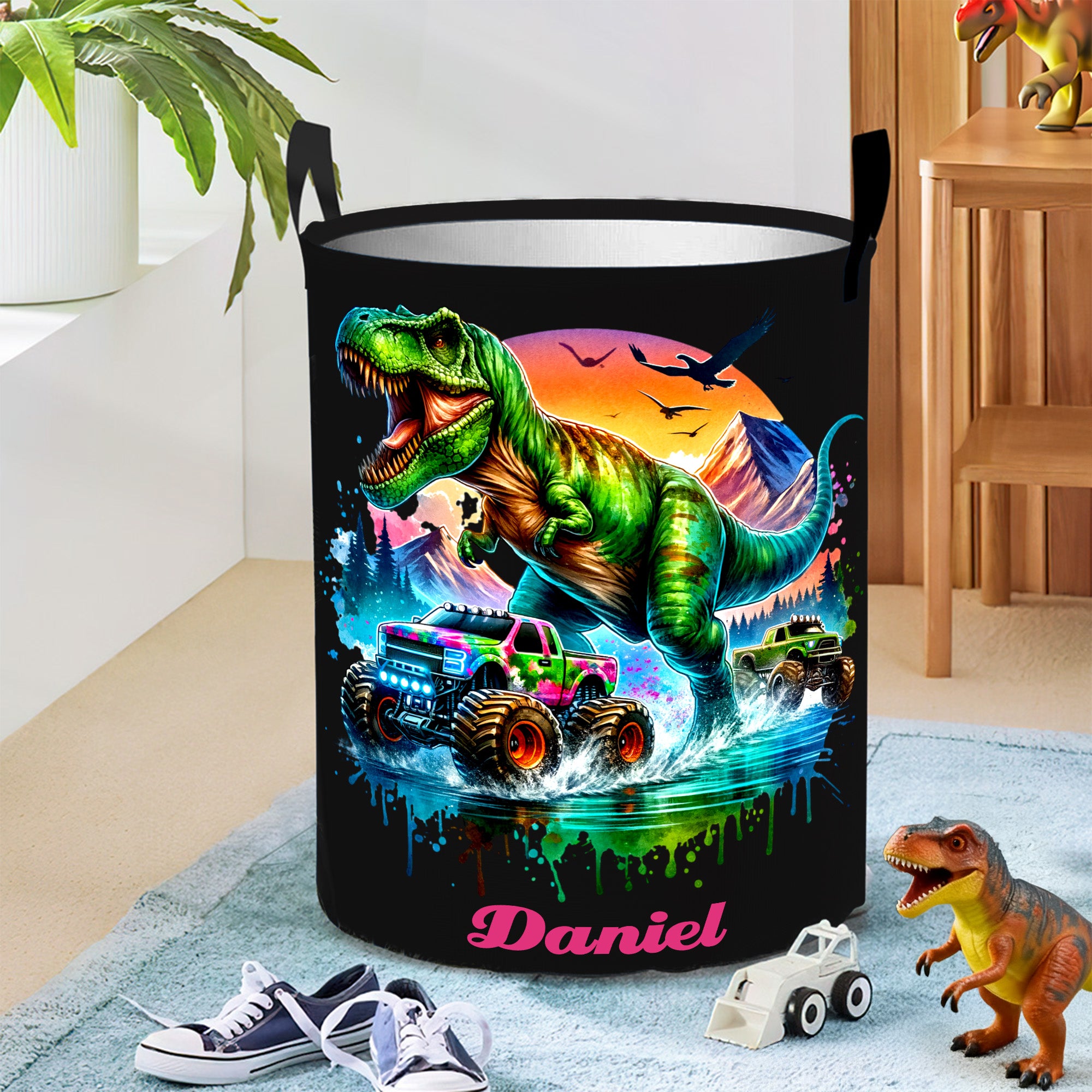 Cesto de la ropa de gran capacidad personalizado con el nombre de un dinosaurio Camión Cumpleaños Regalo de Navidad para niños Amantes de los dinosaurios Camión
