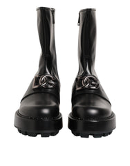 Men's Black Logo Plaque Mid Calf Biker Boots Shoes 100lf