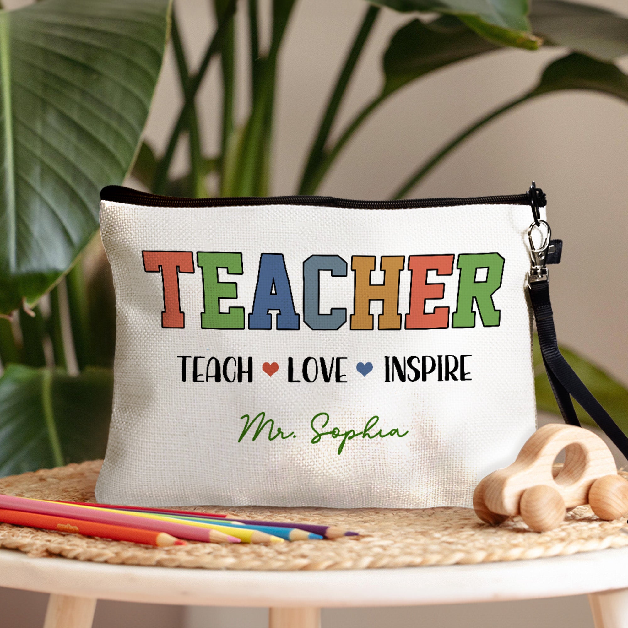 Bolsa de maquillaje portátil personalizada con diseño temático para profesor con texto y correa para la muñeca Regalo de cumpleaños esencial diario para profesoras