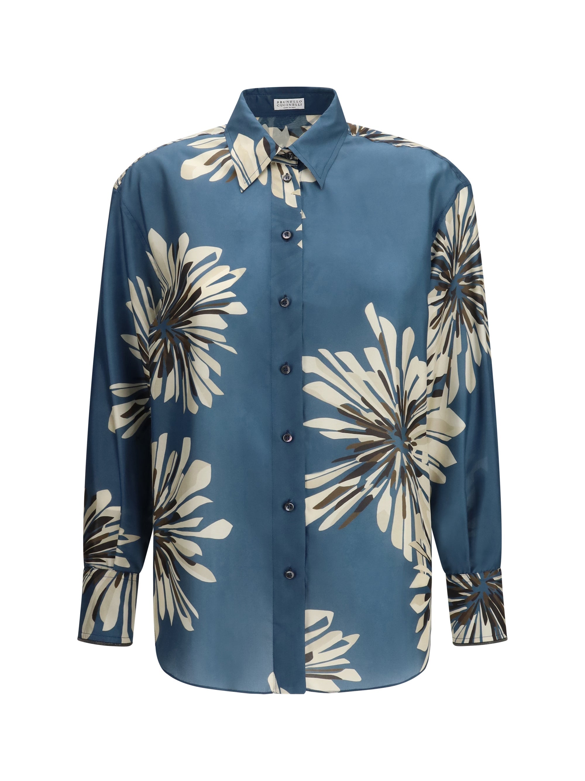 Brunello Cucinelli Floral Silk Shirt — Blue