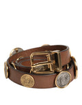 Men's Brown Leather Gold Silver Coin Buckle Belt Calf