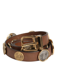 Men's Brown Leather Gold Silver Coin Buckle Belt Calf