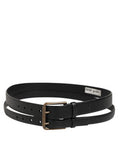 Men's Black Double Strap Leather Brass Buckle Belt 100lf