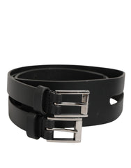 Men's Black Double Strap Leather Silver Buckle Belt 100lf