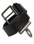 Men's Black Leather Side Rings Brass Buckle Belt Horse