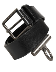 Men's Black Leather Side Rings Brass Buckle Belt Horse