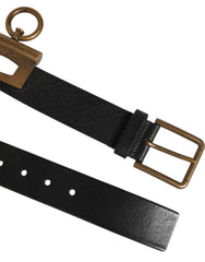 Men's Black Leather Side Rings Brass Buckle Belt