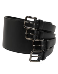 Men's Black Leather 4-Strap Metal Multi-Buckle Belt 100lf
