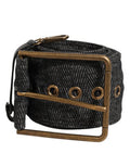 Men's Grey Fabric Logo Plate Metal Brass Buckle Belt Gray 100lf