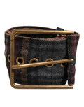 Men's Plaid Fabric Logo Plate Brass Buckle Belt 100lf