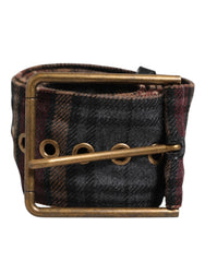 Men's Plaid Fabric Logo Plate Brass Buckle Belt 100lf