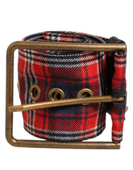 Men's Red Plaid Fabric Logo Plate Brass Buckle Belt 100lf