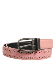 Men's Pink Leather Perforated Detailing Buckle Belt 100lf