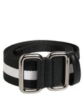 Black White Striped Metal Buckle Men Belt And Nylon Calf Leather