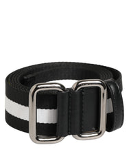 Black White Striped Metal Buckle Men Belt And Nylon Calf Leather