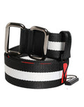 Men's Black White Striped Logo Metal Buckle Belt And Nylon Calf Leather