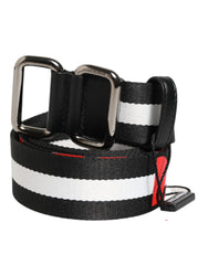 Men's Black White Striped Logo Metal Buckle Belt And Nylon Calf Leather