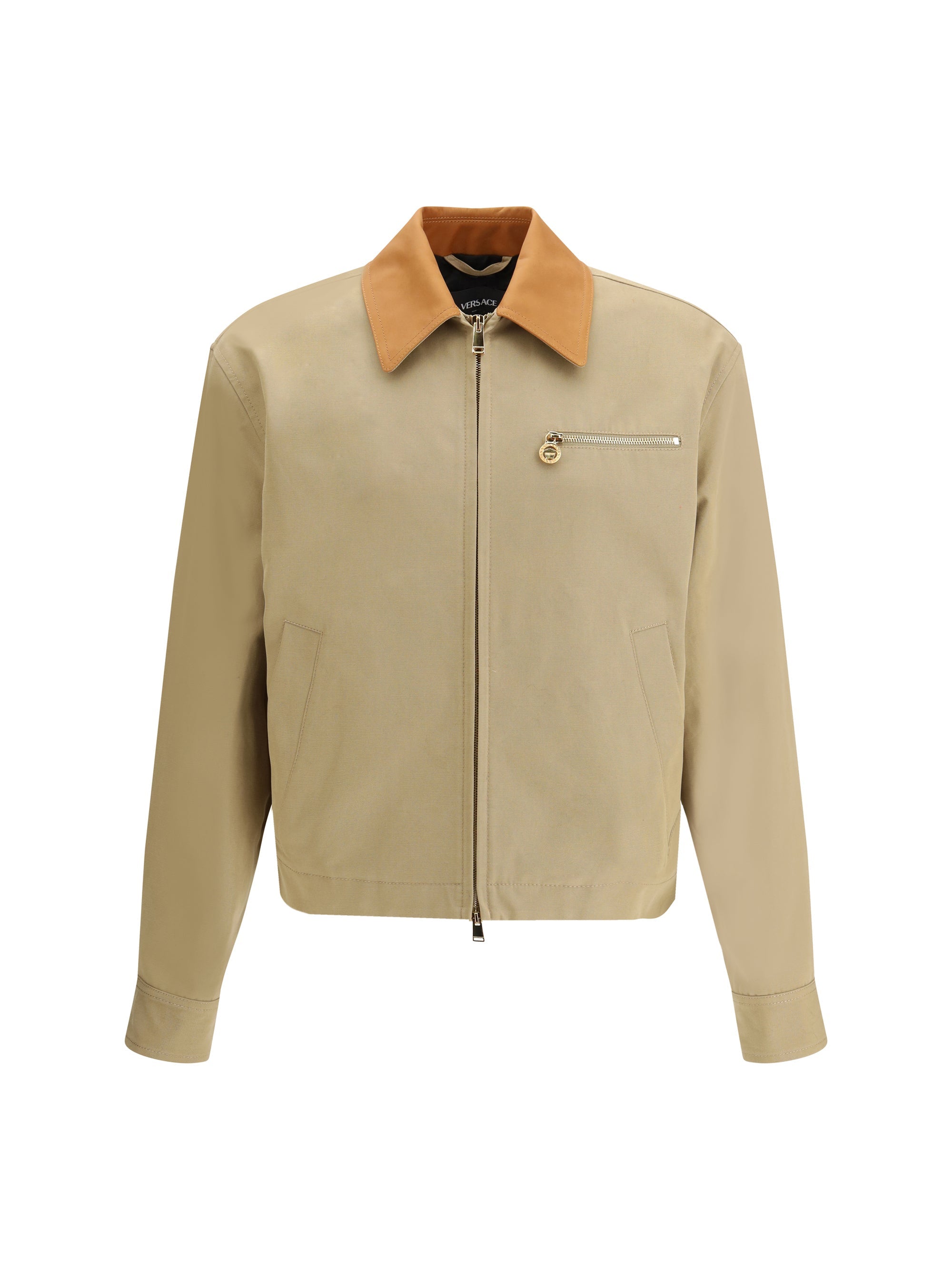 Versace Contrast Leather Collar Cotton Jacket — Beige
