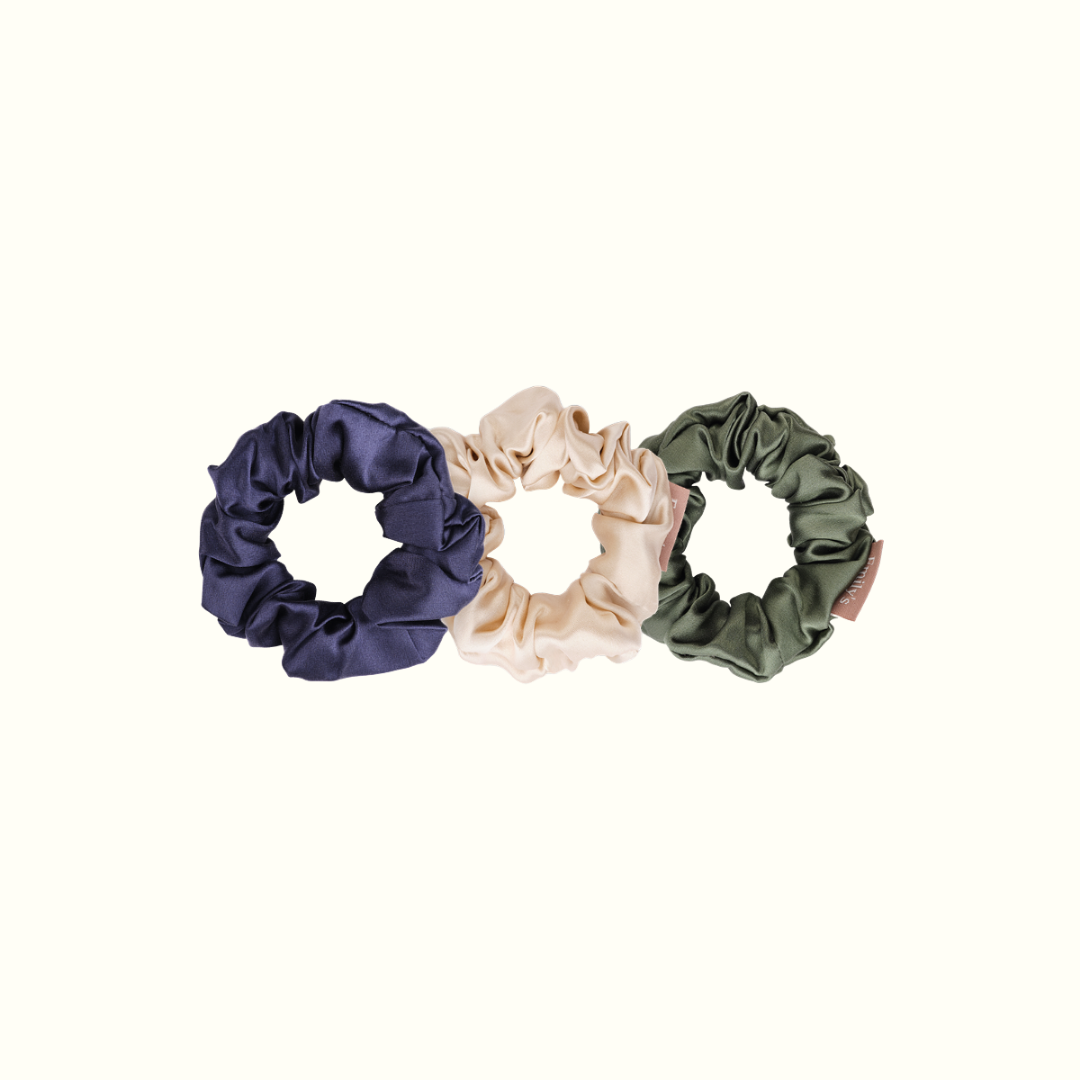 Lot de 3 chouchous (champagne, vert sauge, bleu nuit) - le moyen