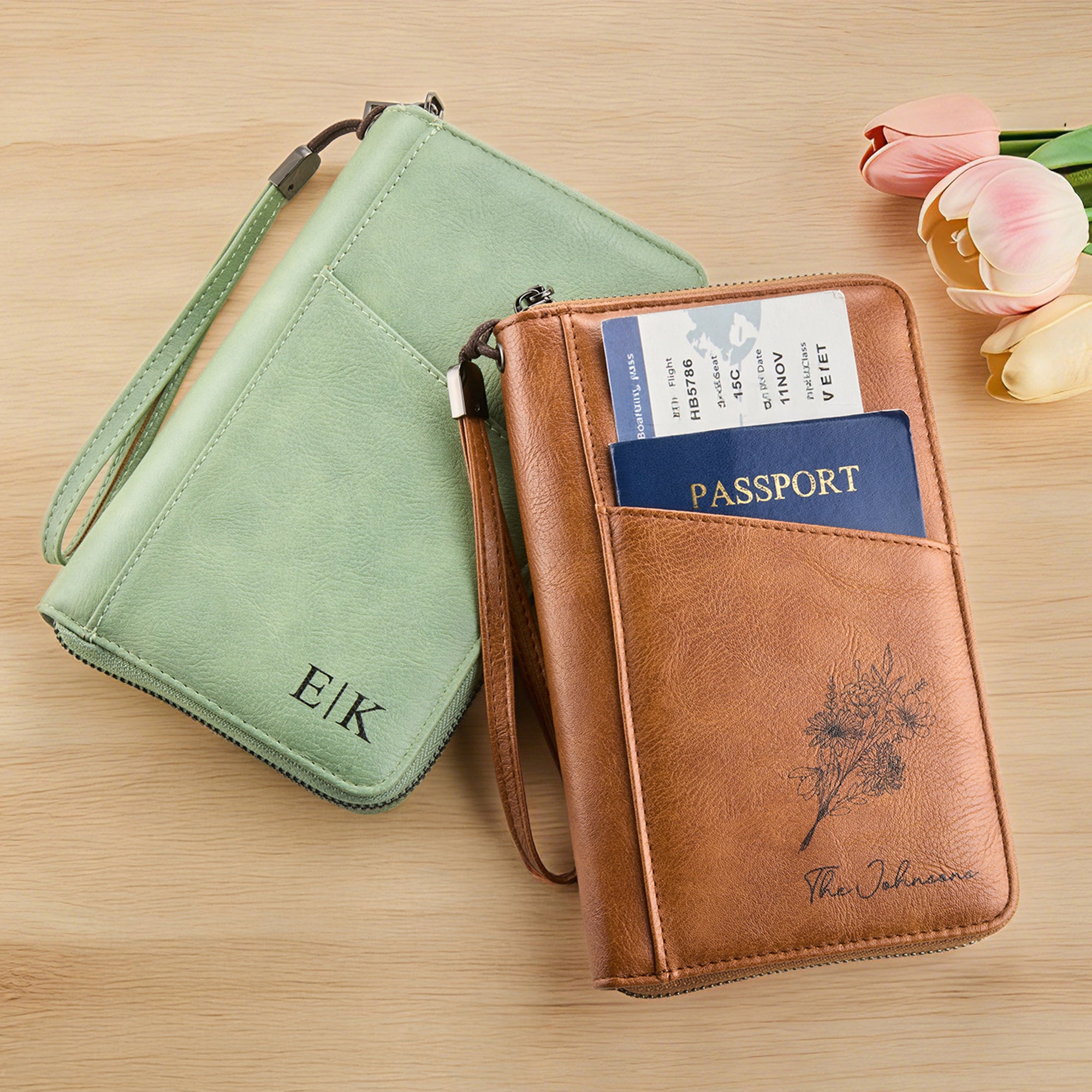 Personalizado Nacimiento Flor Multicolor PU Cuero Pasaporte Titular Cartera con Nombre y Muñeca Correa Viaje Esencial Cumpleaños Regalo para Familia Amigos