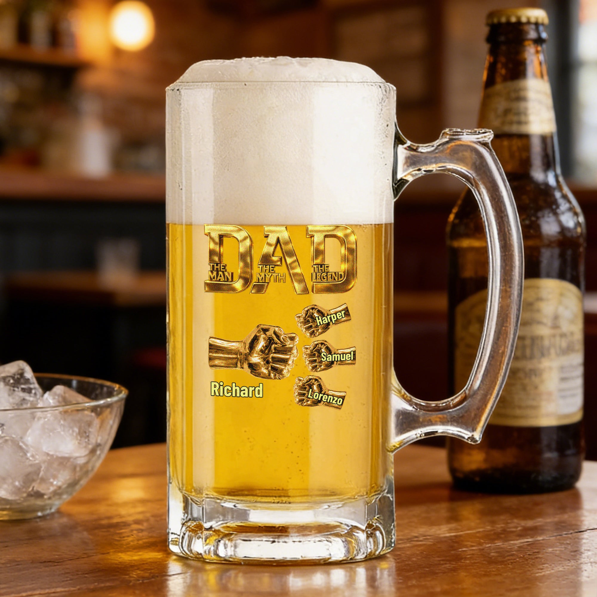 Vaso de Cerveza Personalizado 1-9 Nombres de Papá con Asa Regalo de Cumpleaños del Día del Padre para Papá Abuelo Amante de la Cerveza