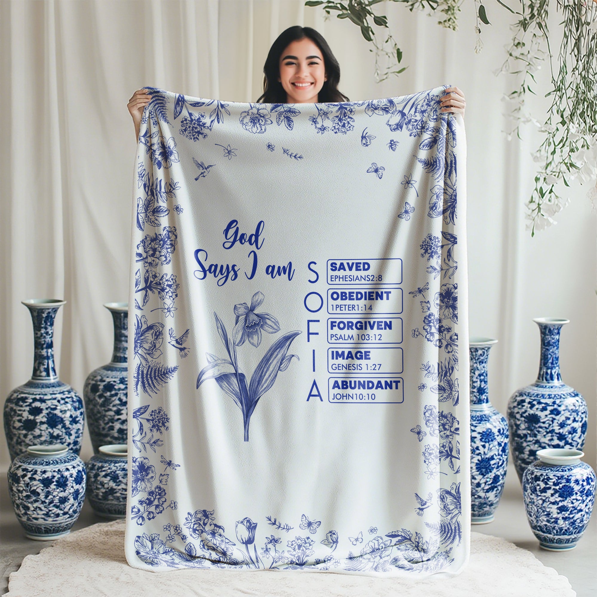 Personalizada Toile De Jouy Nacimiento Flor Biblia Capítulo Nombre Suave manta de lanzamiento Bautizo Cumpleaños Regalo de Navidad para las mujeres cristianas