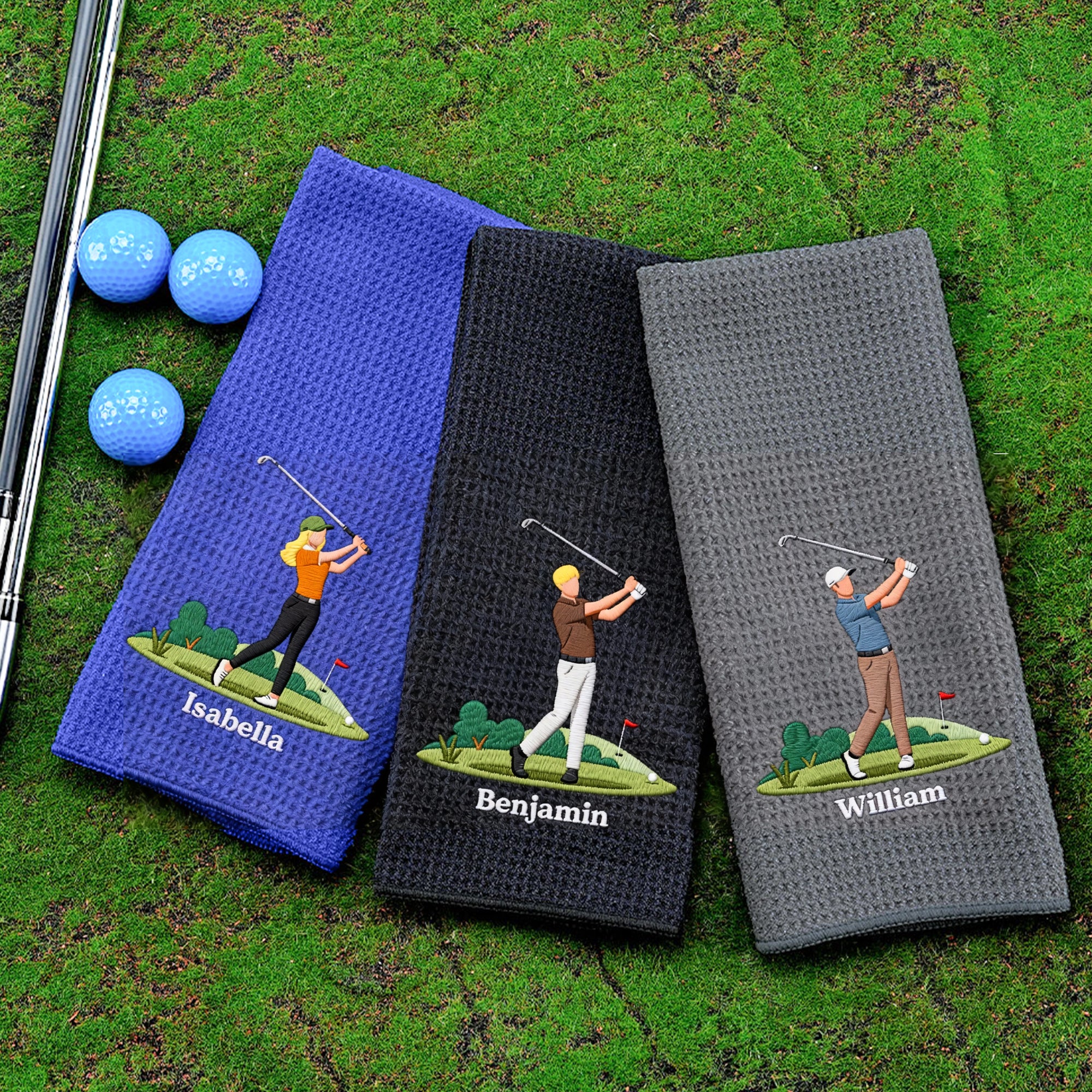 Personalizado bordado de dibujos animados de personajes de golf de secado rápido Waffle Toalla de golf con nombre Accesorios deportivos Regalo de cumpleaños para los amantes de los jugadores de golf