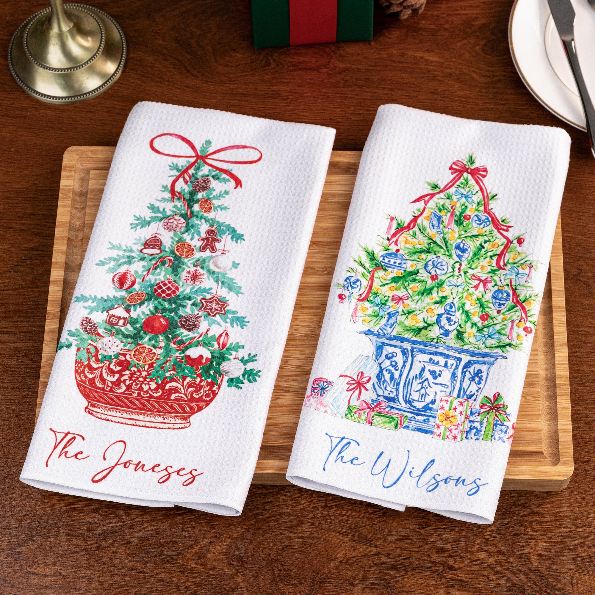 Personalizada Chinoiserie Árbol de Navidad Diseño Suave Waffle Toalla de Té con Texto Navidad Aniversario Regalo para la Familia Amigos