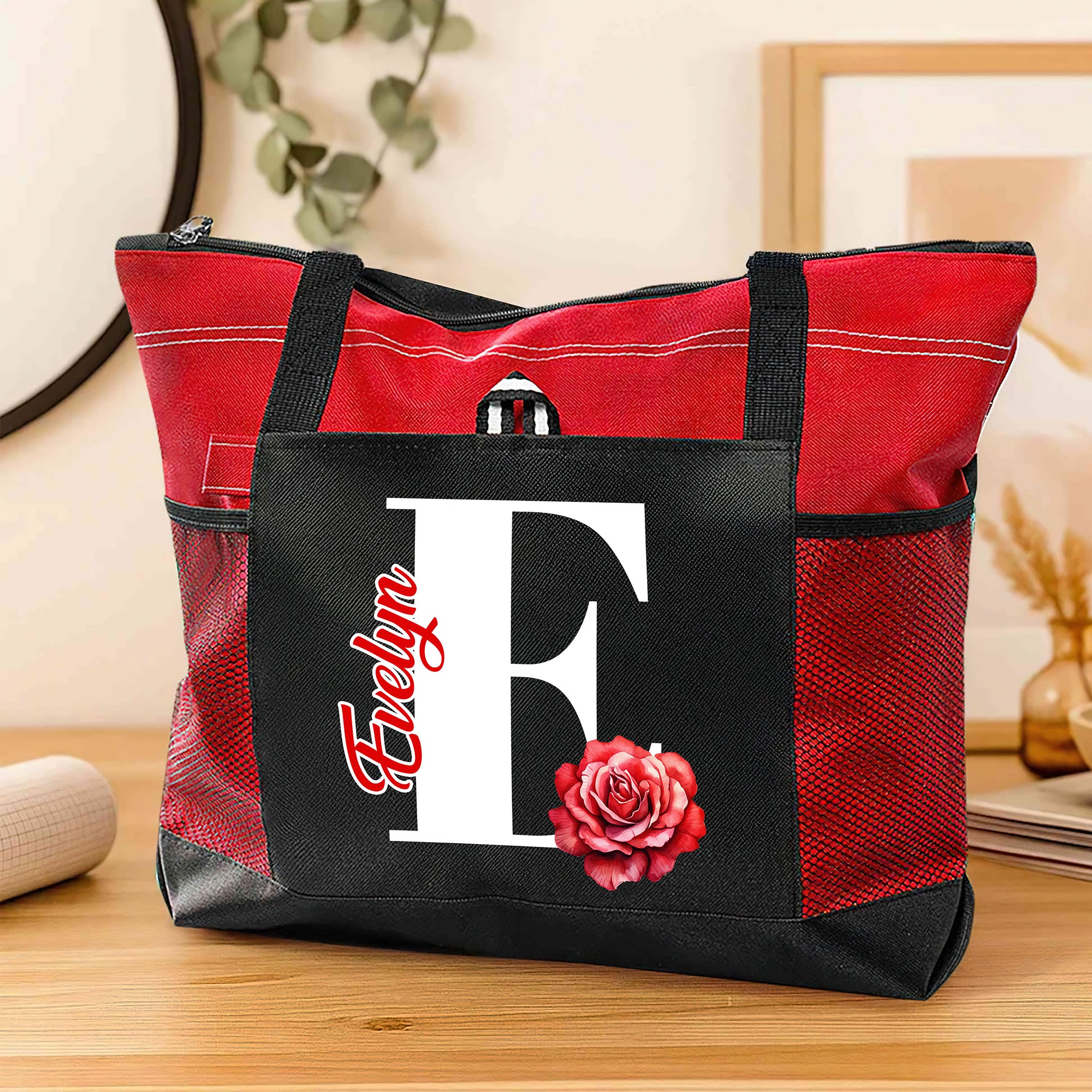 Personalizada Nacimiento Flor Inicial Grande Bolsa Tote con Nombre y Bolsillos de Malla Uso Diario Viaje Cumpleaños Regalo para Mujeres