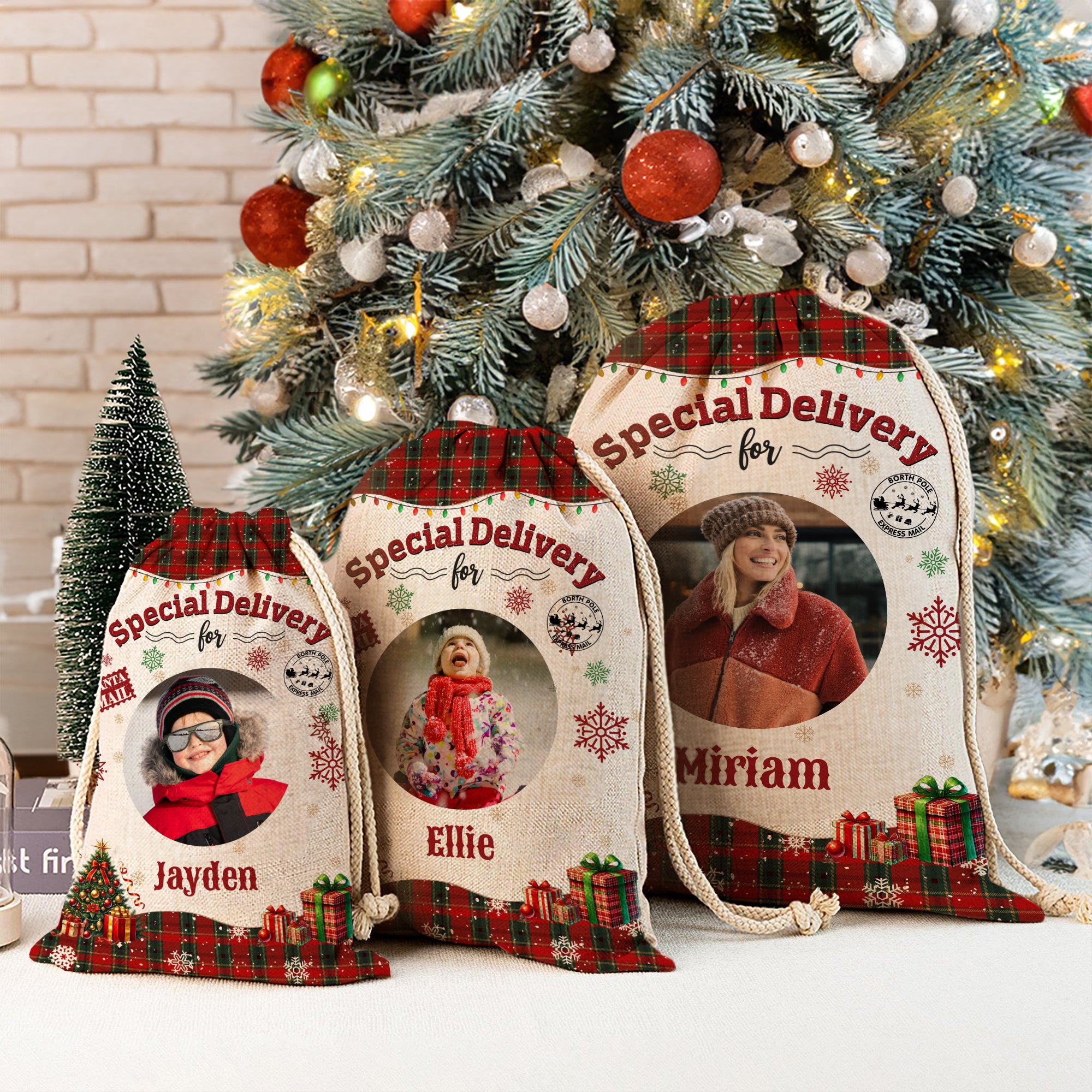 Árbol de Navidad personalizado Copo de nieve A cuadros Bolsa de regalo de Navidad con nombre y foto Regalo de Navidad para niños Niñas