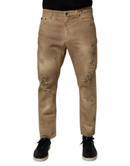 Beige Cotton Loose Tattered Men Denim Jeans Clothing