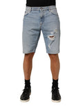 Men's Blue Cotton Distressed Denim Bermuda Shorts