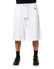 Men's White Cotton Ripped Bermuda Sweatpants Shorts