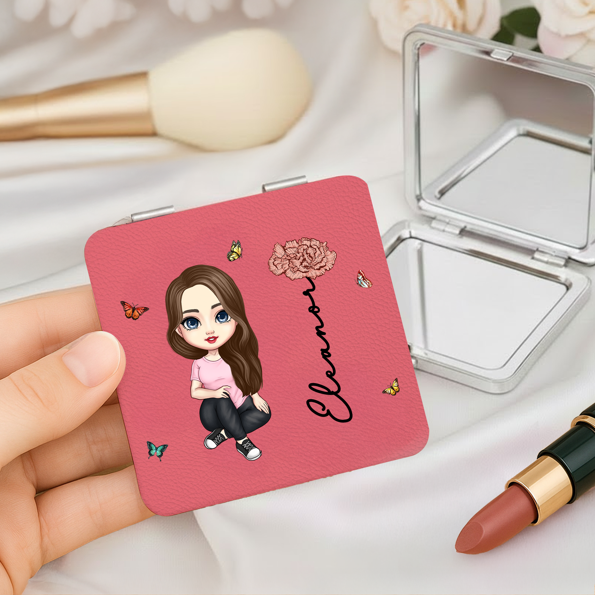 Personalizado Cartoon Personaje Nacimiento Flor Corazón Redondo Cuadrado Espejo de Maquillaje con Nombre Portátil Cumpleaños Fiesta de Boda Regalo para Mujeres
