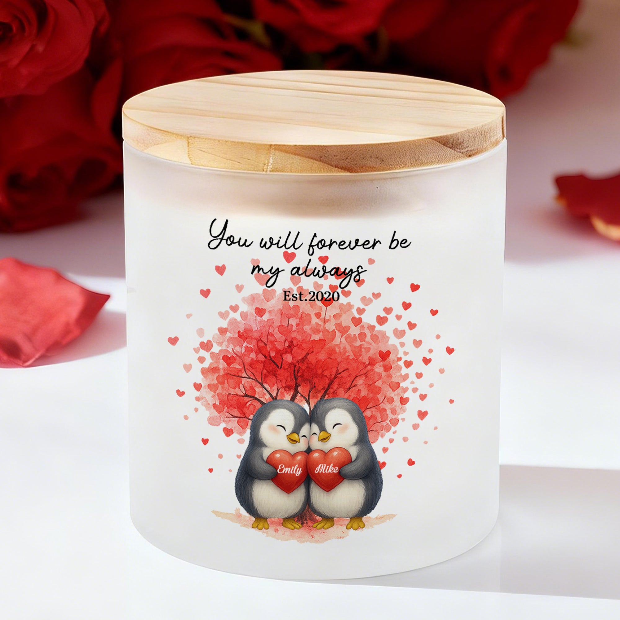 Personalizada de dibujos animados Pareja Pingüino Corazón LED Tarro de vela con el título y el nombre Decoración para el hogar Día de San Valentín Aniversario de regalo para la pareja