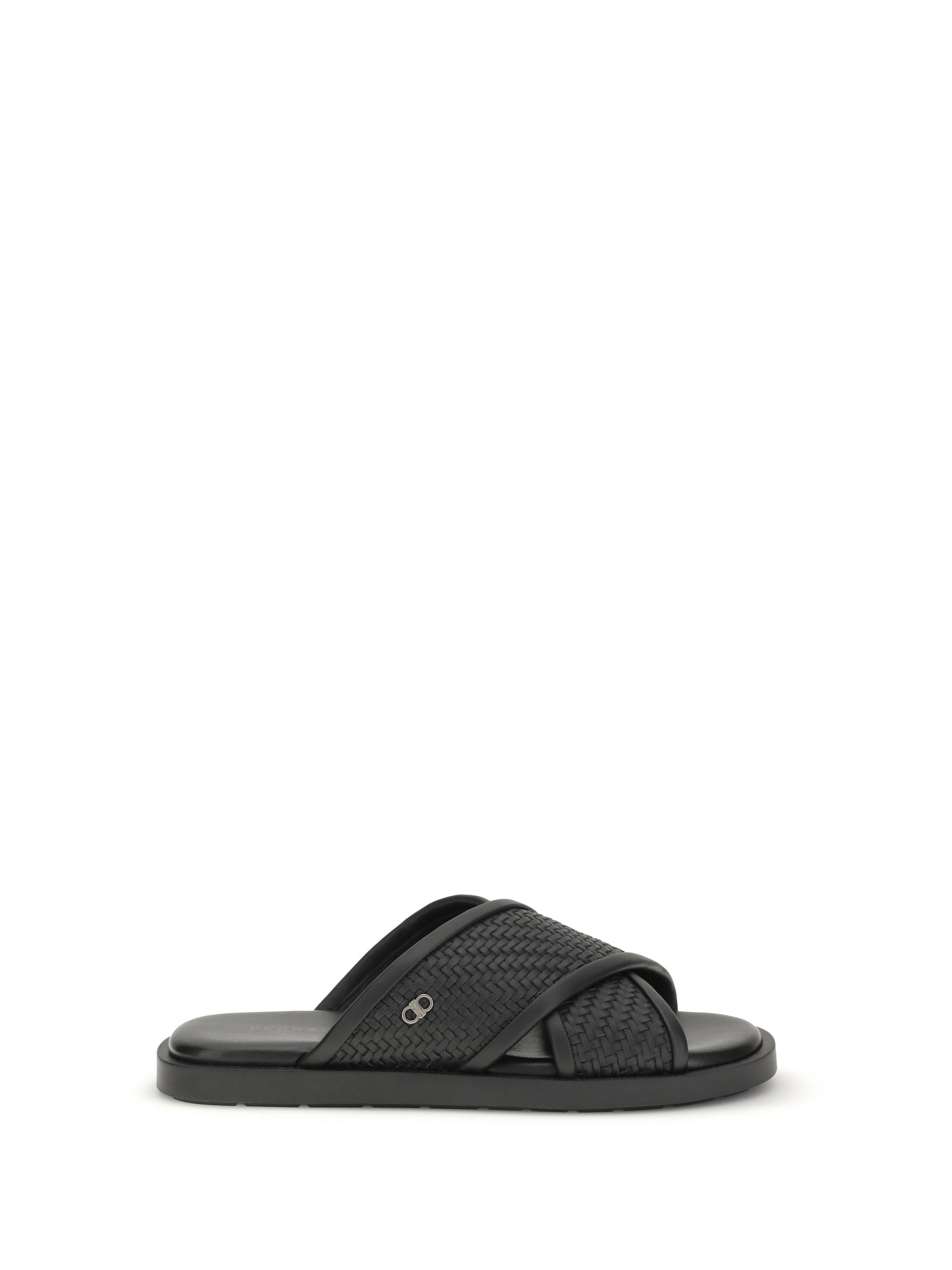 Ferragamo Woven Leather Cross-Strap Sandals — Black