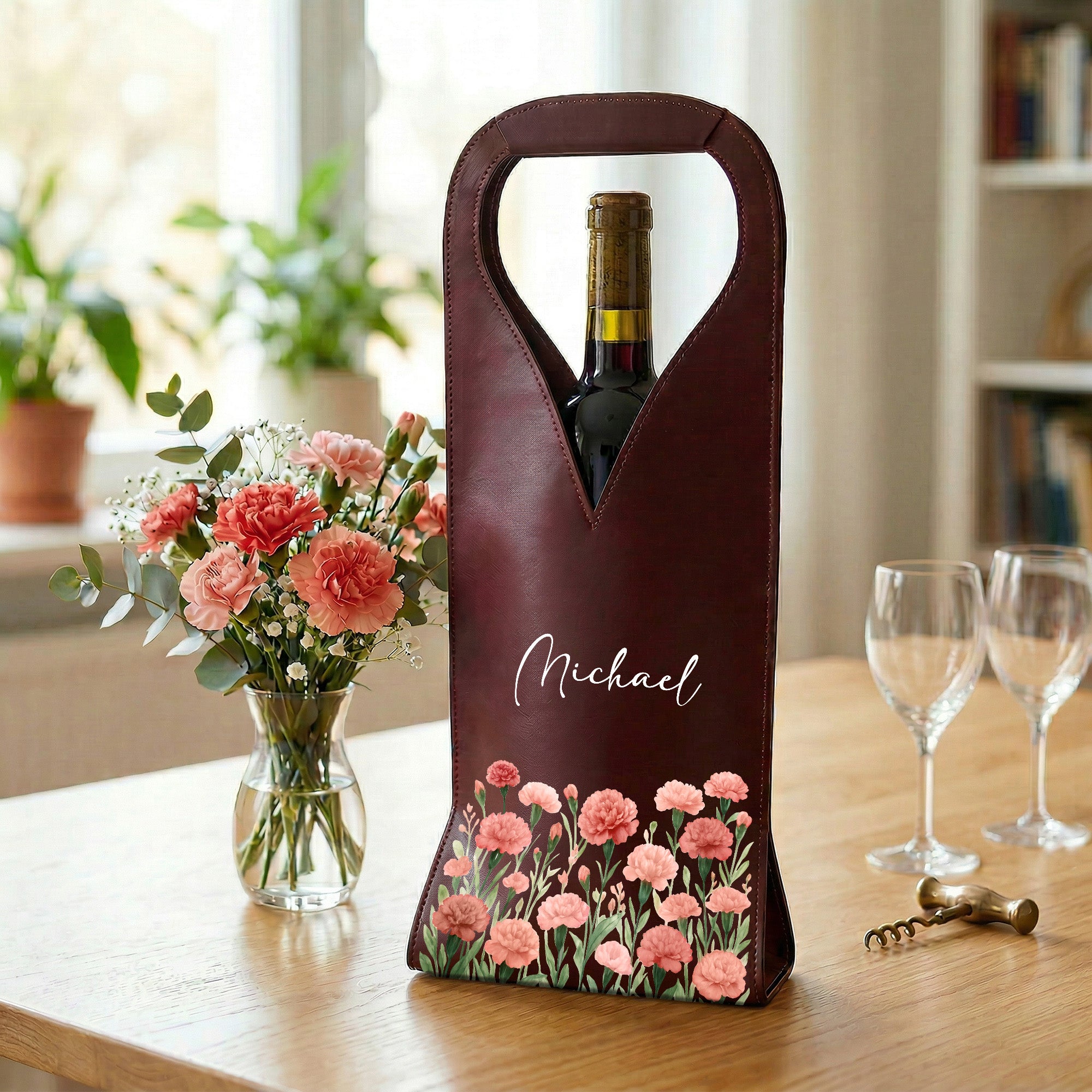 Acuarela Personalizada Flor de Nacimiento Bolsa de Vino de Cuero PU con Nombre y Asa Protectora Accesorios de Vino Cena Fiesta Regalo para Mujer Amante del Vino