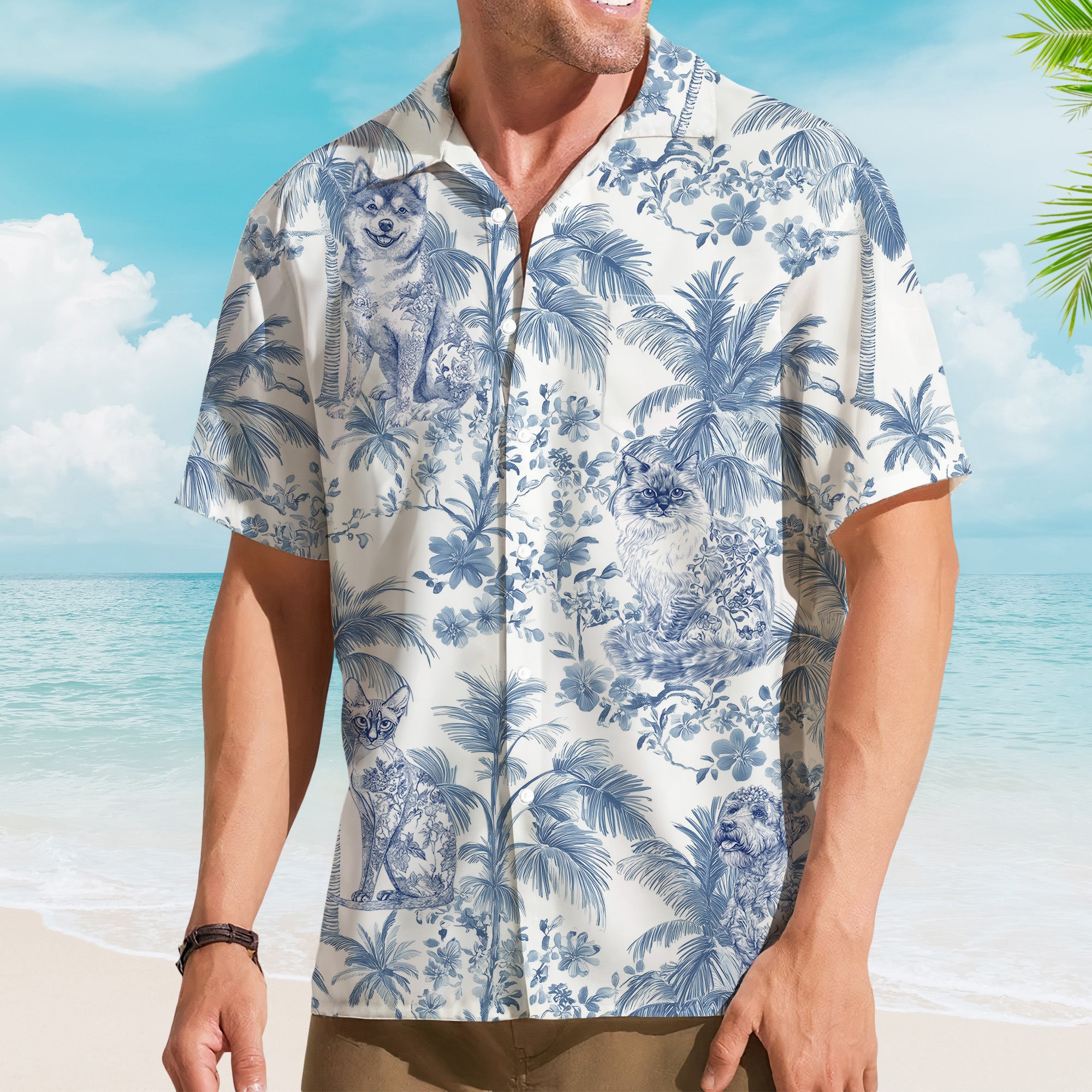 Personalizada Retro Toile De Jouy Style Dog Cat Portrait Hawaiian Unisex Shirt Birthday Summer Vacation Gift for Pet Lovers Owners