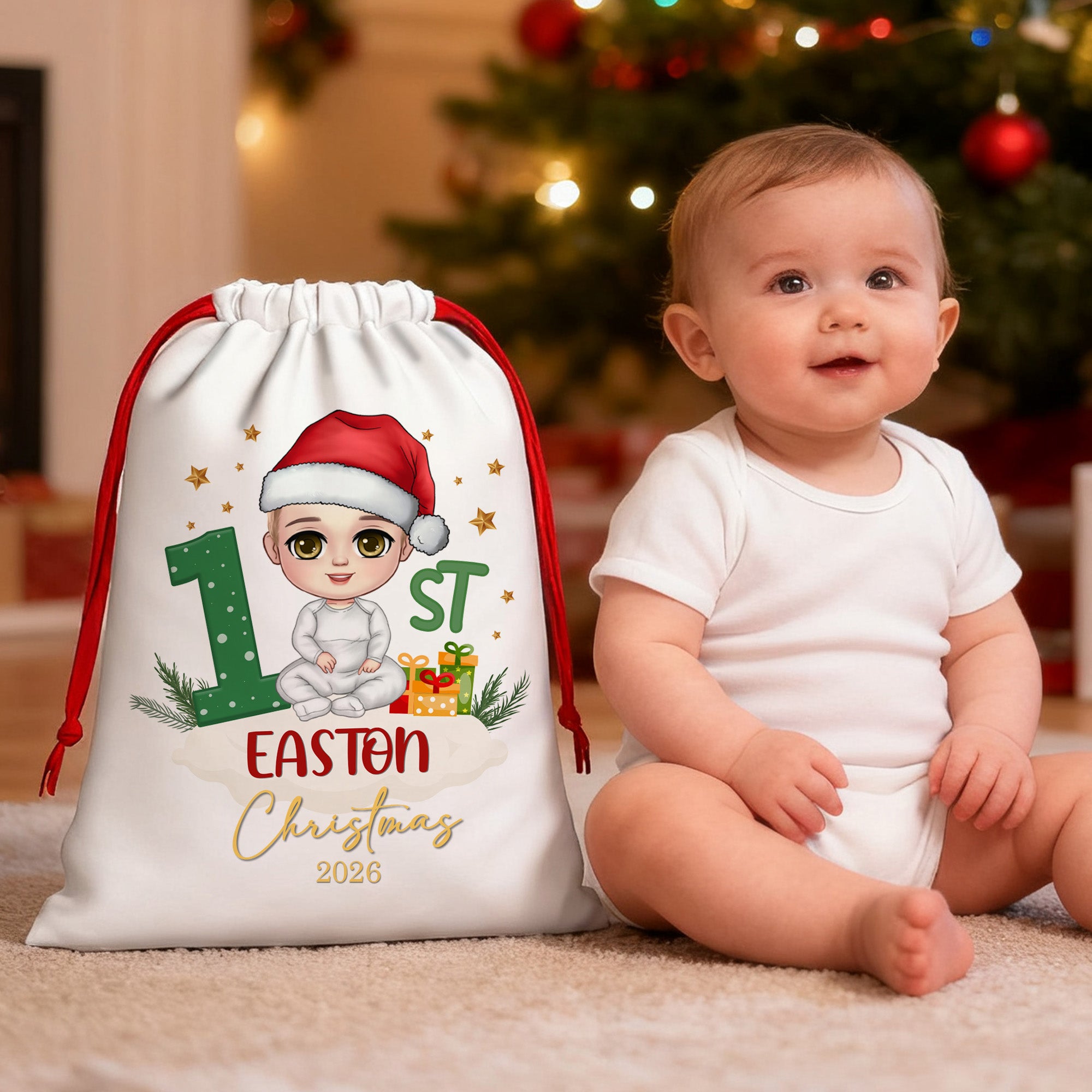 Personalizada 1ª Navidad Personaje de dibujos animados bolsa de regalo de cordón con el nombre de la víspera de Navidad Fiesta de Regalos para Bebé Niñas Niños Niños Familia