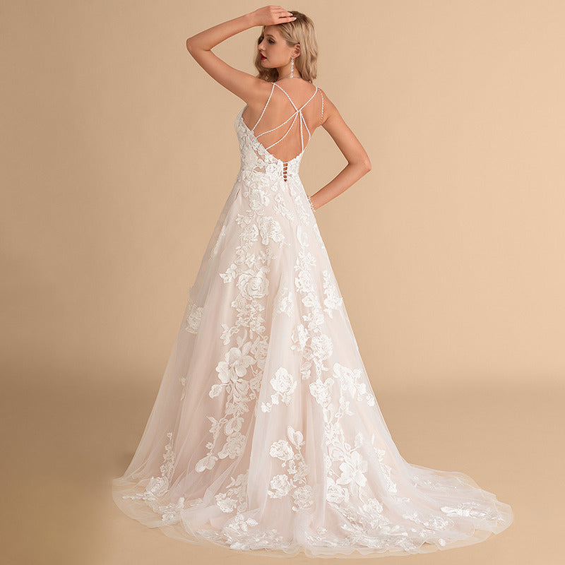 Bridal Wedding Dress Pink Spaghetti Straps Long V-Neck Ball-Gown Princess