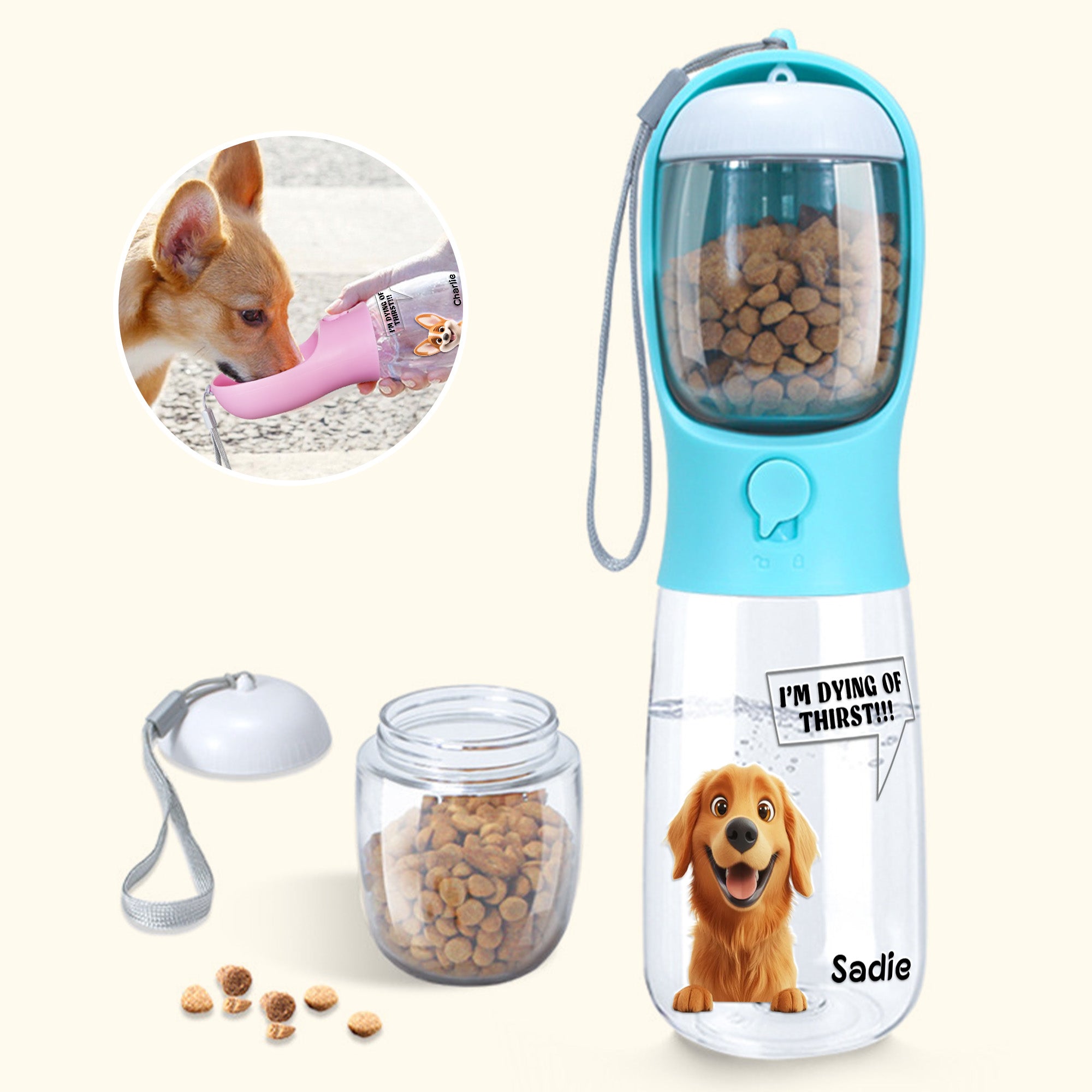 Botella de agua para mascotas con bebedero y nombre personalizada en 3D con dibujos animados de perros y gatos Regalo de cumpleaños para dueños de mascotas