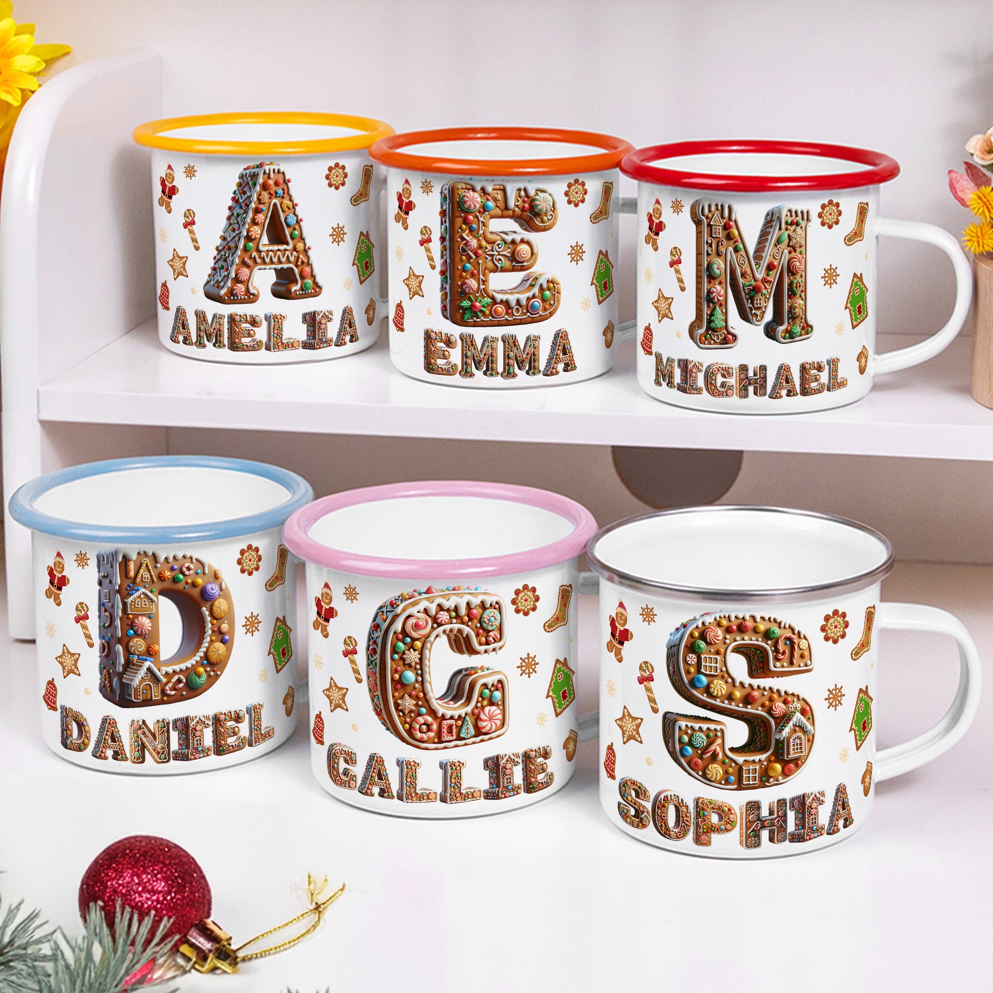 Personalizada Gingerbread Candy Initial 12 oz Taza esmaltada con nombre Uso diario Regalo de Navidad para la familia Kid