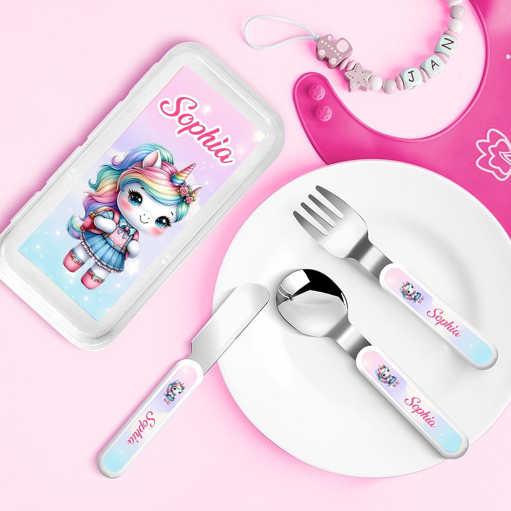 Tenedor Cuchara Cuchillo 3 Pzs Juego de Cubiertos Personalizado Dinosaurio Fantasía Unicornio Seguro de Acero Inoxidable con Estuche y Nombre Regalo de Cumpleaños para Niños