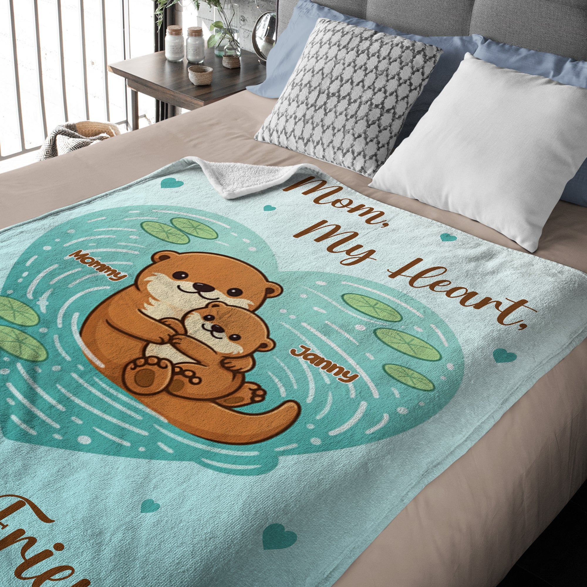 Personalizado Corazón Estanque Madre Bebé Nutrias Manta Suave con Nombre y Texto Decoración del Hogar Día de la Madre Cumpleaños Regalo para Mamá Abuela